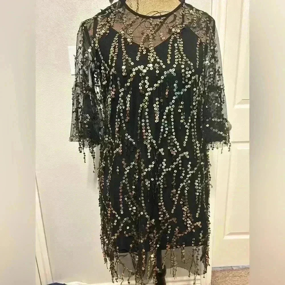 Formal/prom dress- NWOT- Arc N.C. XS black and gold sequence dress